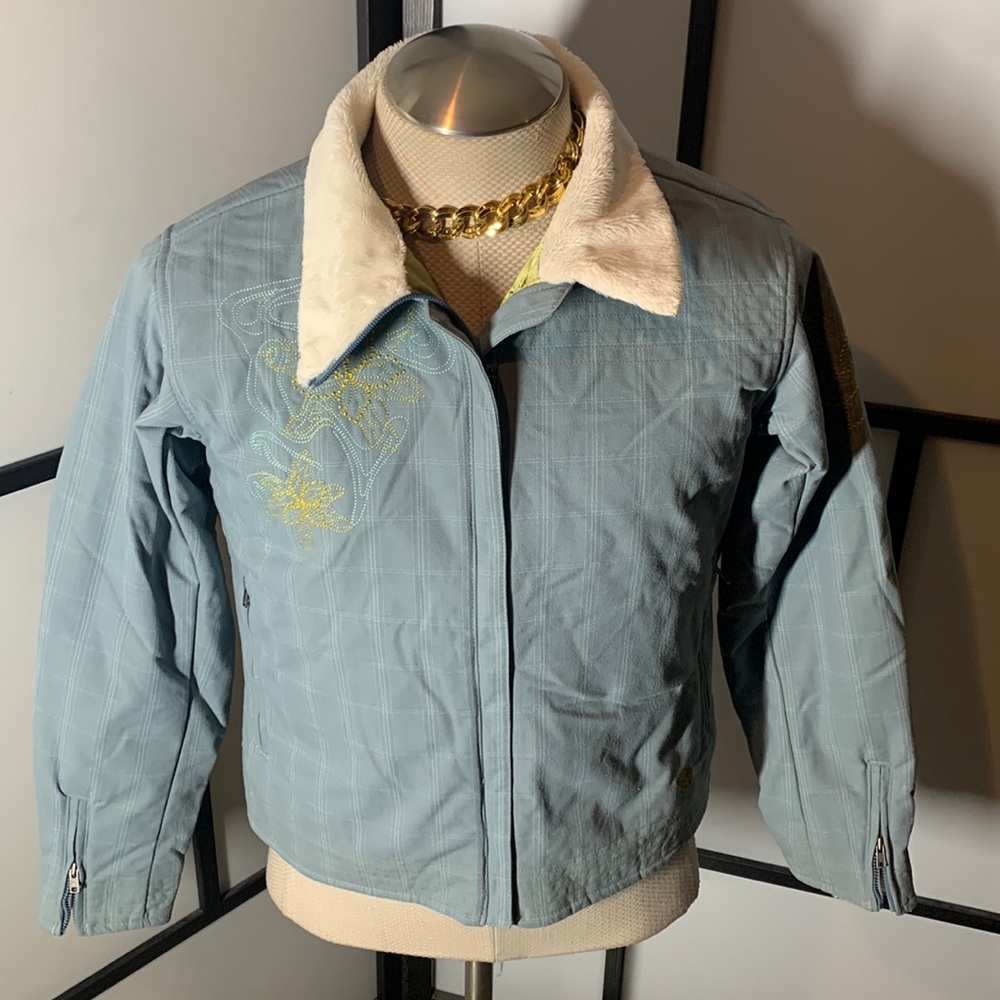 Mountain Hardwear Blue Gray Yellow Pattern Winter Fur Lining Collared Jacket - Picture 1 of 11
